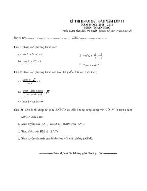 Kì thi khảo sát đầu năm lớp 11 năm học 2015 - 2016 môn Toán học